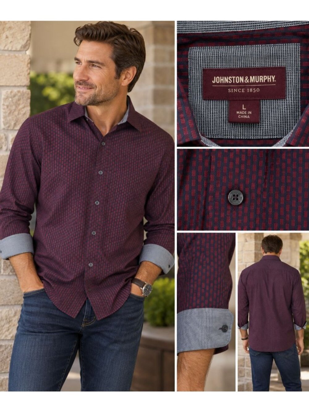 Johnston & Murphy Shirt Mens Large Burgundy Geometric Cotton Button Up Flip Cuff